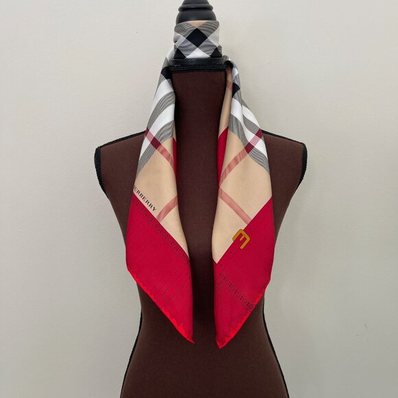 NWT Burberry Scarf Logo Iconic Beige Check Red Border Silk Wrap - Picture 12 of 15